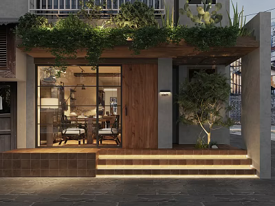 Rustic Modern Storefront With Greenery Covered Awning Wooden Door Glass Windows And Steps 3d model