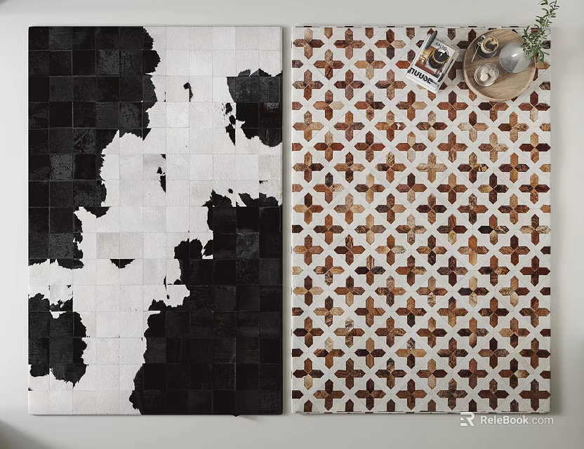 Decorative Square Cowhide Rugs with Black White and Geometric Patterns 3d model