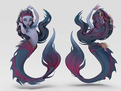 Game Movie Mermaid Character With Long Hair Blue Purple Gradient Tail And Graceful Pose 3d model