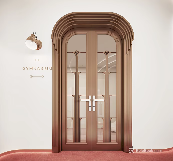 Bronze Glass Paneled Double Doors For Gymnasium Entrance With Brass Pendant Light 3d model 