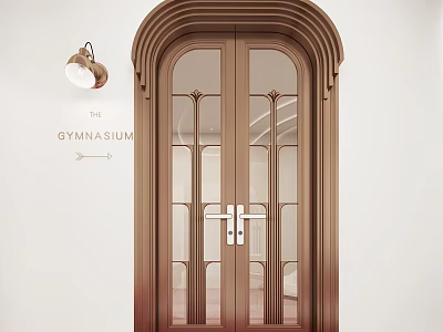 Bronze Glass Paneled Double Doors For Gymnasium Entrance With Brass Pendant Light 3d model