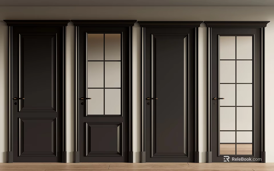 Modern Black Hinged Doors With Glass Panes And Solid Wood Panel Designs 3d model