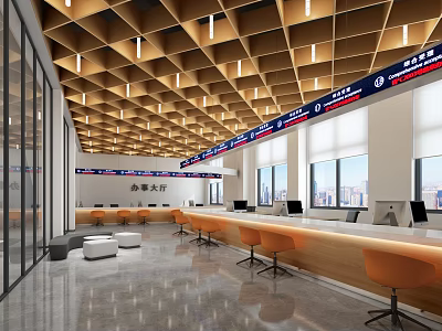 Modern Service Hall Interior Design With Service Counters Computers Orange Chairs And Large Windows 3d model