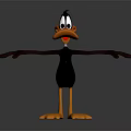 Cartoon Duck Sculpture With Black Body Orange Beak And Outstretched Arms On Reflective Base