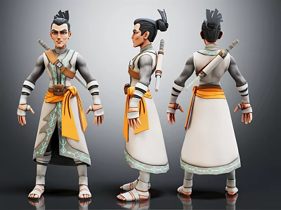3D Traditional Character Model In White Gray Orange Green With Topknot Weapon And Multiple Angles 3d model
