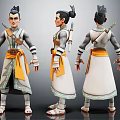 3D Traditional Character Model In White Gray Orange Green With Topknot Weapon And Multiple Angles