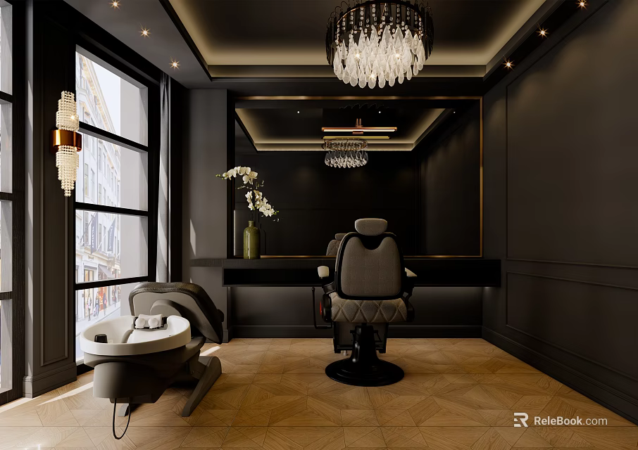 Luxurious Beauty Hair Salon Interior With Crystal Chandelier Styling Chairs And Mirrored Walls 3d model 