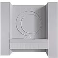 Modern Washbasin Vanity With Round Mirror Marble Countertop And Black Gold Accents