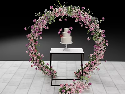 Floral Arch Decorated With Pink Purple Flowers And White Cake On Black Stand 3d model