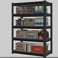 Multi Tier Storage Shelf With Storage Boxes Water Bottles Cardboard Packages And Orange Bag