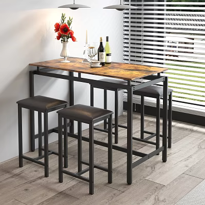 Wooden Countertop Bar Table With Black Metal Frame Black Leather Stools Red Flowers Wine Bottles 3d model