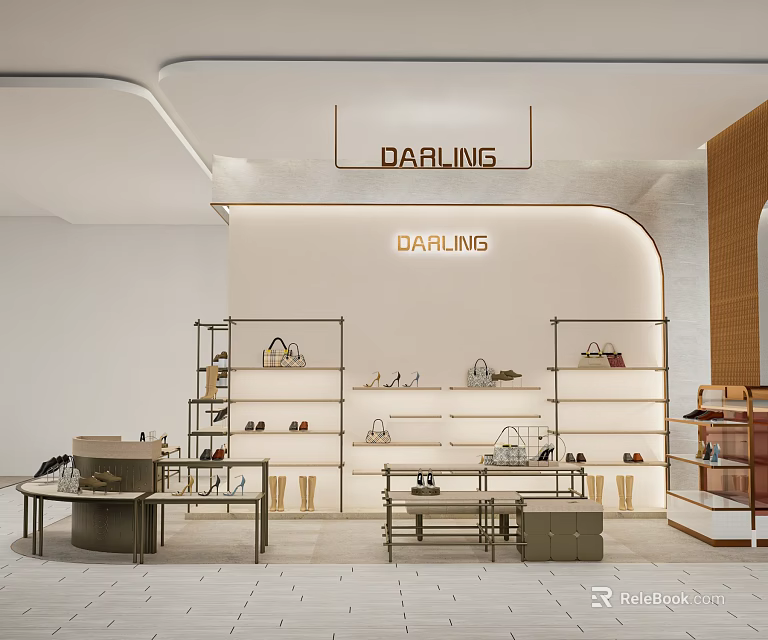 Darling Clothing Store Modern Interior Featuring Shelves Bags Shoes And Display Counters 3d model 