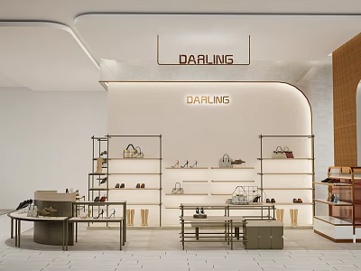 Darling Clothing Store Modern Interior Featuring Shelves Bags Shoes And Display Counters 3d model