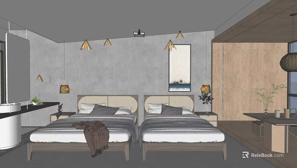 Hotel Guest Room Interior With Twin Beds Bedside Lamps Gray Walls And Artwork 3d model 