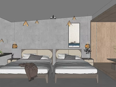 Hotel Guest Room Interior With Twin Beds Bedside Lamps Gray Walls And Artwork 3d model