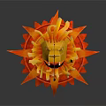 Vibrant Yellow Red Paper Sculpture Featuring Radial Design Long Slender Strips And Black Pole
