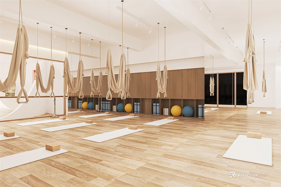 Spacious Yoga Fitness Studio With Aerial Hammocks Yoga Mats And Exercise Balls On Wooden Floor 3d model 