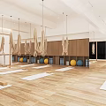 Spacious Yoga Fitness Studio With Aerial Hammocks Yoga Mats And Exercise Balls On Wooden Floor