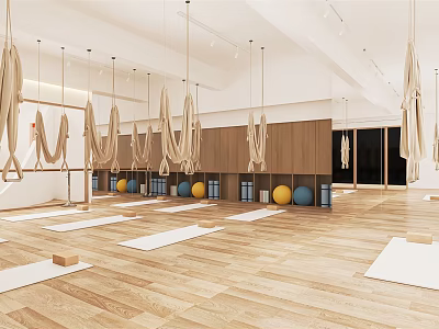 Spacious Yoga Fitness Studio With Aerial Hammocks Yoga Mats And Exercise Balls On Wooden Floor 3d model