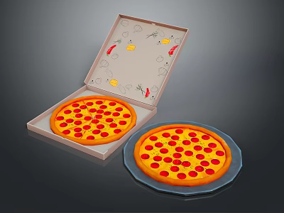 Delicious Pepperoni Pizza In Open Cardboard Box And On Ceramic Plate With Decorative Patterns 3d model