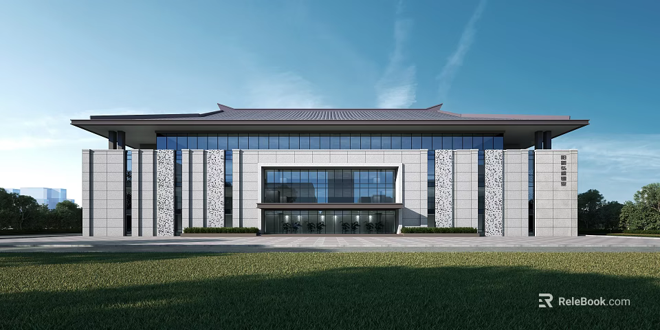 Modern Office Building Exterior With Traditional Roof Glass Curtain Wall And Stone Facade Front Lawn 3d model 