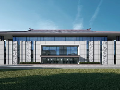 Modern Office Building Exterior With Traditional Roof Glass Curtain Wall And Stone Facade Front Lawn 3d model