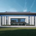 Modern Office Building Exterior With Traditional Roof Glass Curtain Wall And Stone Facade Front Lawn