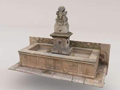 Ornate Ancient Stone Fountain With Carved Statue And Stone Brick Base 3d model