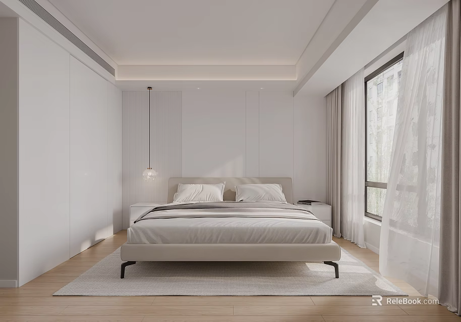 Minimalist Bedroom Interior With White Walls Wooden Flooring Large Bed Pendant Light And Curtains 3d model 