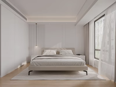 Minimalist Bedroom Interior With White Walls Wooden Flooring Large Bed Pendant Light And Curtains 3d model