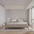Minimalist Bedroom Interior With White Walls Wooden Flooring Large Bed Pendant Light And Curtains