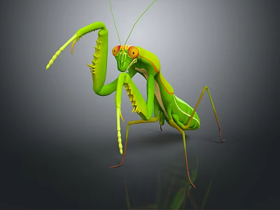 Green Praying Mantis as Flying Insect with Orange Eyes Long Limbs and Dark Background Reflection 3d model