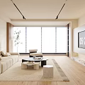 Modern Living Room Interior with Beige Sofa Coffee Table Wooden Floor Wall Art Plant TV