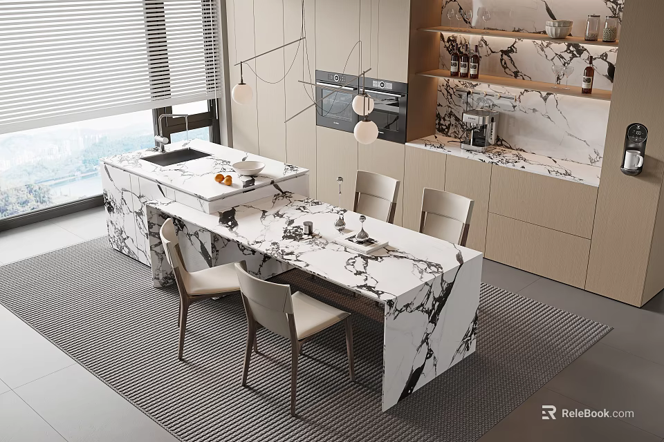 Modern Kitchen Marble Dining Table And Chairs With Cabinets And Pendant Lights 3d model 