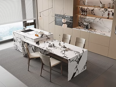 Modern Kitchen Marble Dining Table And Chairs With Cabinets And Pendant Lights 3d model