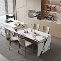 Modern Kitchen Marble Dining Table And Chairs With Cabinets And Pendant Lights