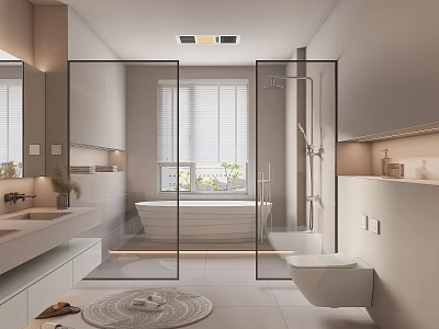Modern Light Toned Bathroom Interior With Glass Shower Partition Bathtub Toilet And Vanity 3d model