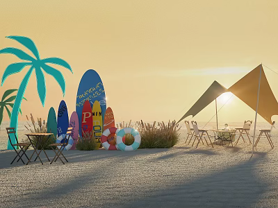 Beach Photo Spot With Colorful Surfboards Palm Trees And Sunset Tent Setup 3d model