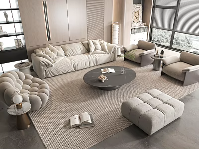 Modern Beige Sofa And Round Coffee Table Set With Plush Cushions Ottoman And Woven Rug 3d model