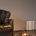 Elegant Wine Bottle And Glass Display With Leather Sofa Lamp And Open Book