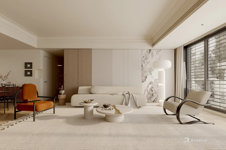 Modern Living Room Interior Design With Sofa Armchairs Round Coffee Tables And Floor Lamp 3d model 