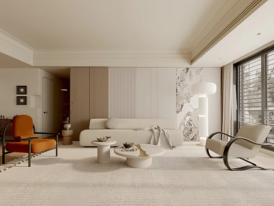 Modern Living Room Interior Design With Sofa Armchairs Round Coffee Tables And Floor Lamp 3d model