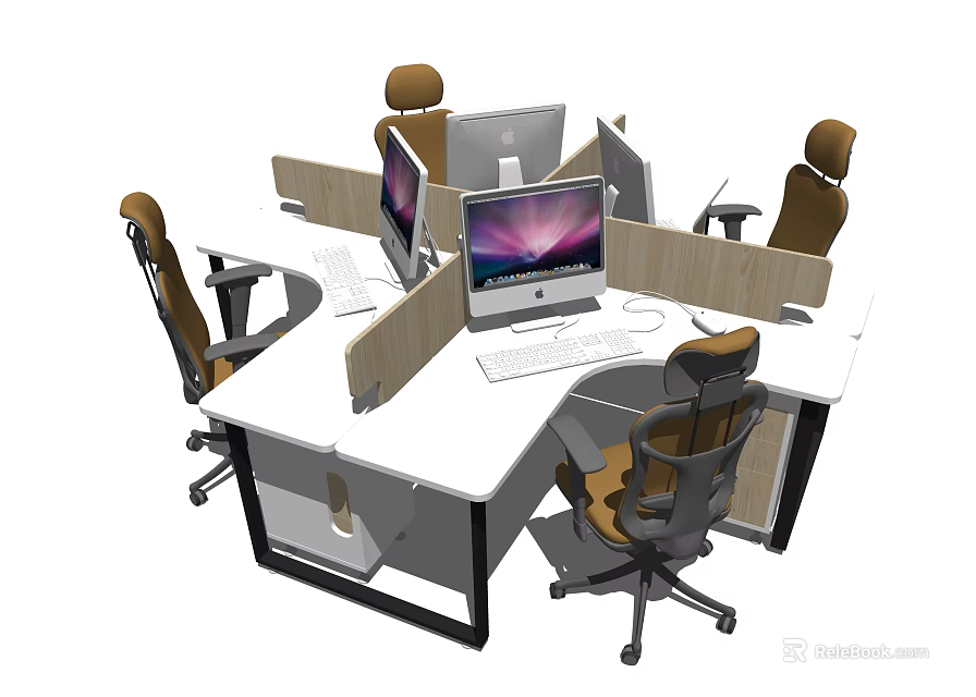 Modern Office Desk Cluster with Dividers Computer Monitors and Ergonomic Chairs 3d model 