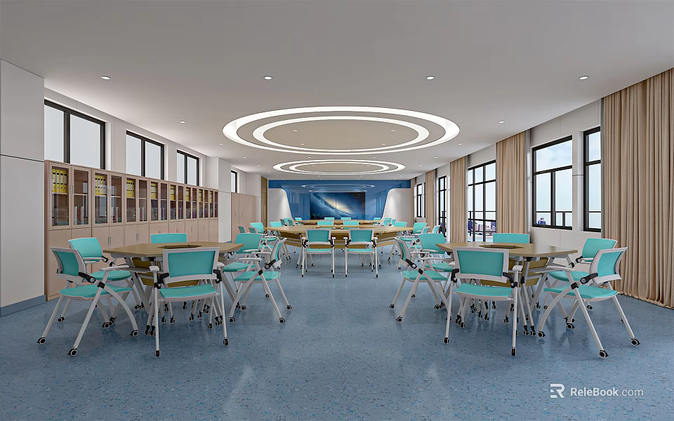 School Classroom Interior With Tables Chairs Bookshelves Windows And Circular Ceiling Lights 3d model 