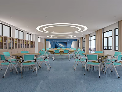School Classroom Interior With Tables Chairs Bookshelves Windows And Circular Ceiling Lights 3d model