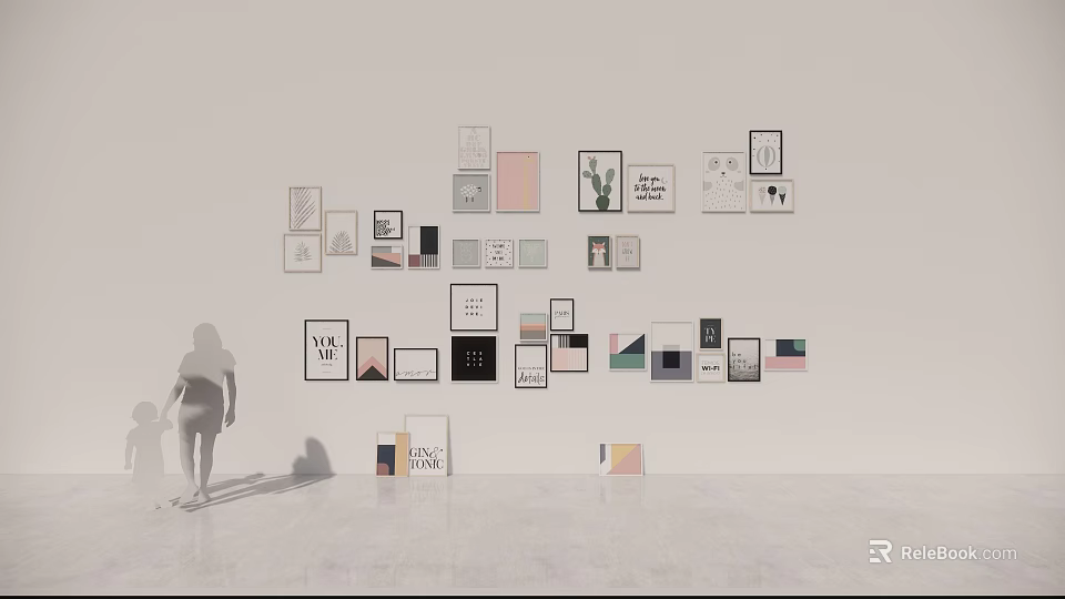 Assorted Framed Wall Art Display On White Wall With People Silhouettes 3d model 