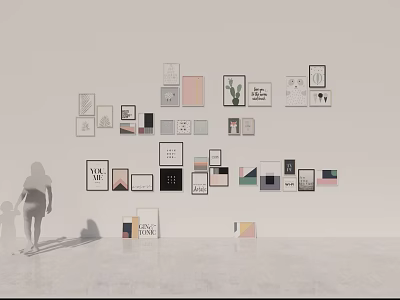 Assorted Framed Wall Art Display On White Wall With People Silhouettes 3d model