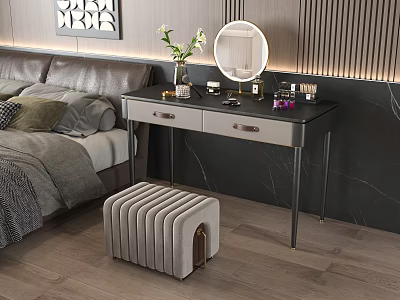 Elegant Modern Bedroom Dressing Table With Round Mirror Cosmetics Vase And Upholstered Stool 3d model