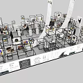 Modern Exhibition Interior With Multiple Display Stands And Labeled Exhibits 3d model