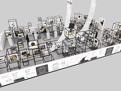 Modern Exhibition Interior With Multiple Display Stands And Labeled Exhibits 3d model